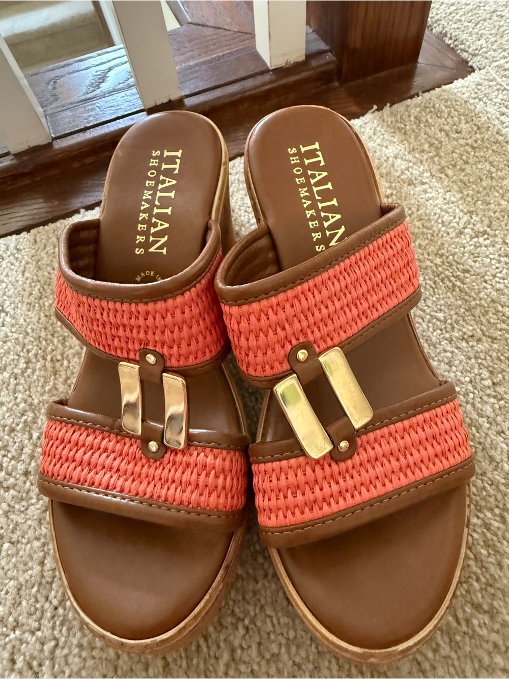 Italian Shoemakers Coral Braided Leather Slide Mules with Gold Accents